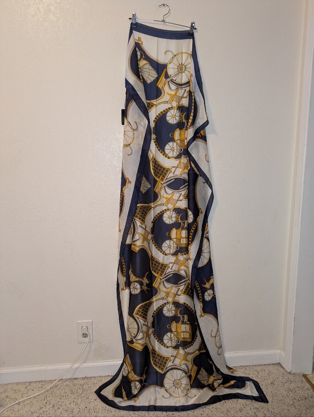100% Silk Scarf 35"x72" In Navy And White with Gold Equestrian Print - Picture 4 of 9